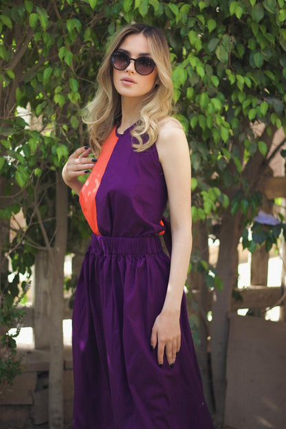 Tie Back combo color midi dress and cut out side
